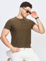 Olive Green Regular Fit Henley Neck T-Shirt