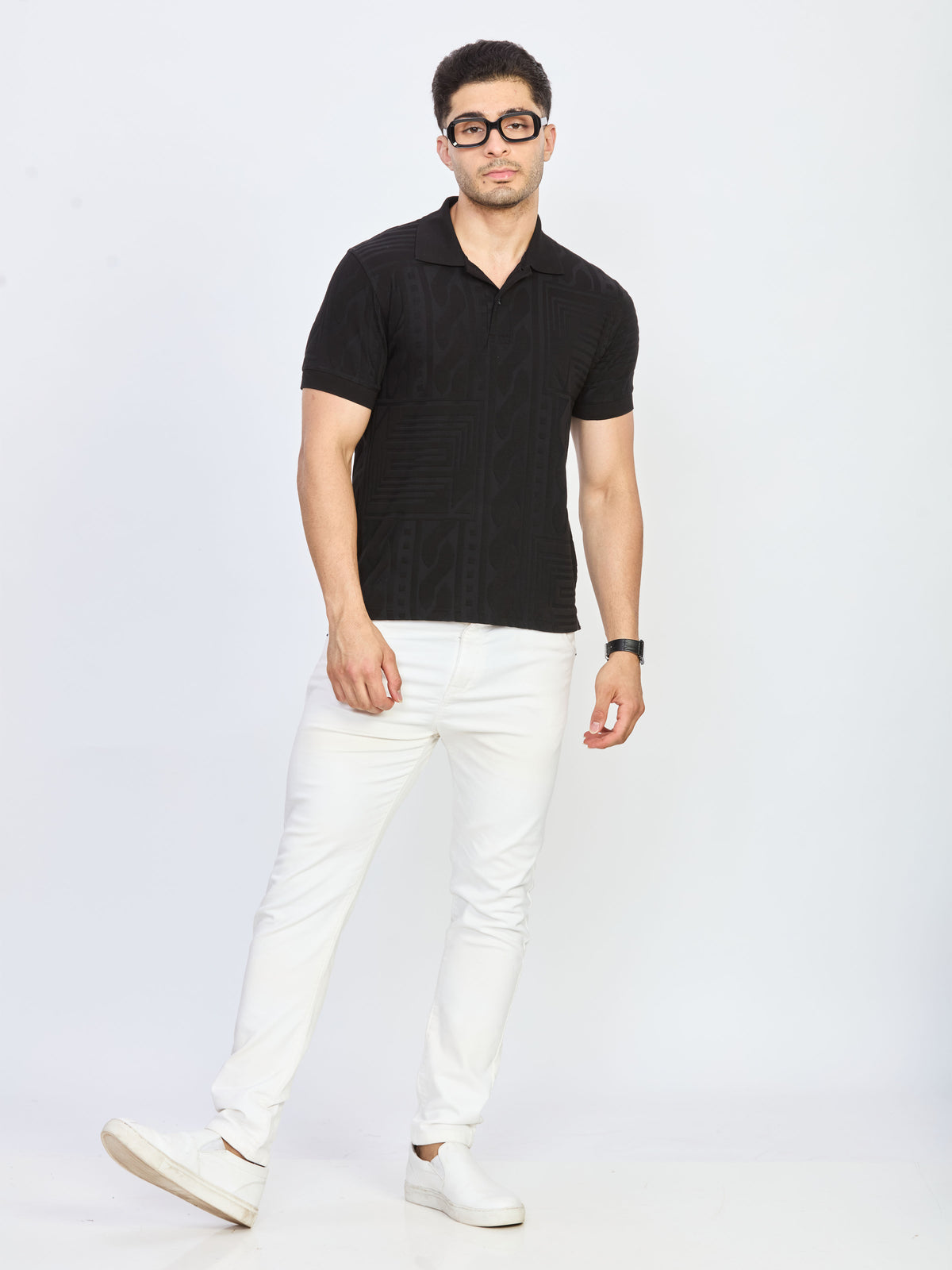 Black Geometric Textured Polo T-Shirt