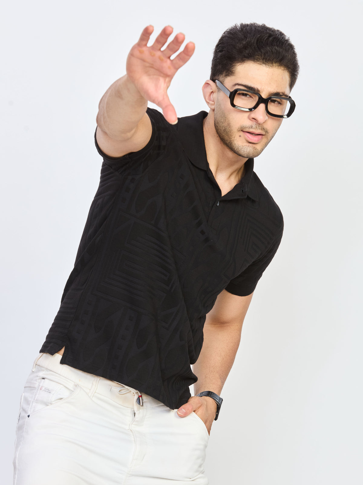 Black Geometric Textured Polo T-Shirt