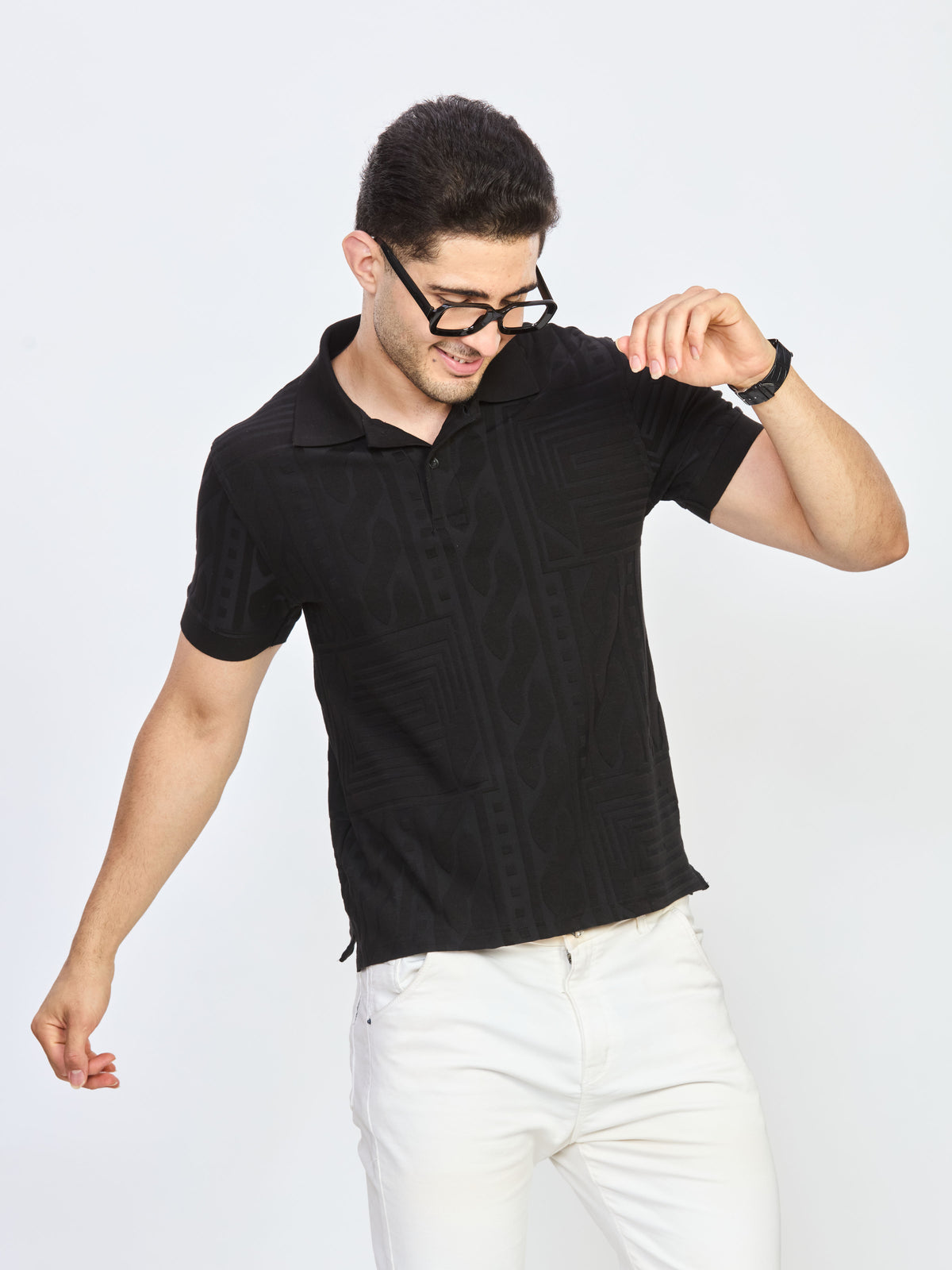 Black Geometric Textured Polo T-Shirt
