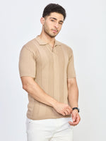 Beige Textured Stripe Knitted Polo T-Shirt