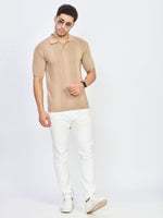 Beige Textured Stripe Knitted Polo T-Shirt
