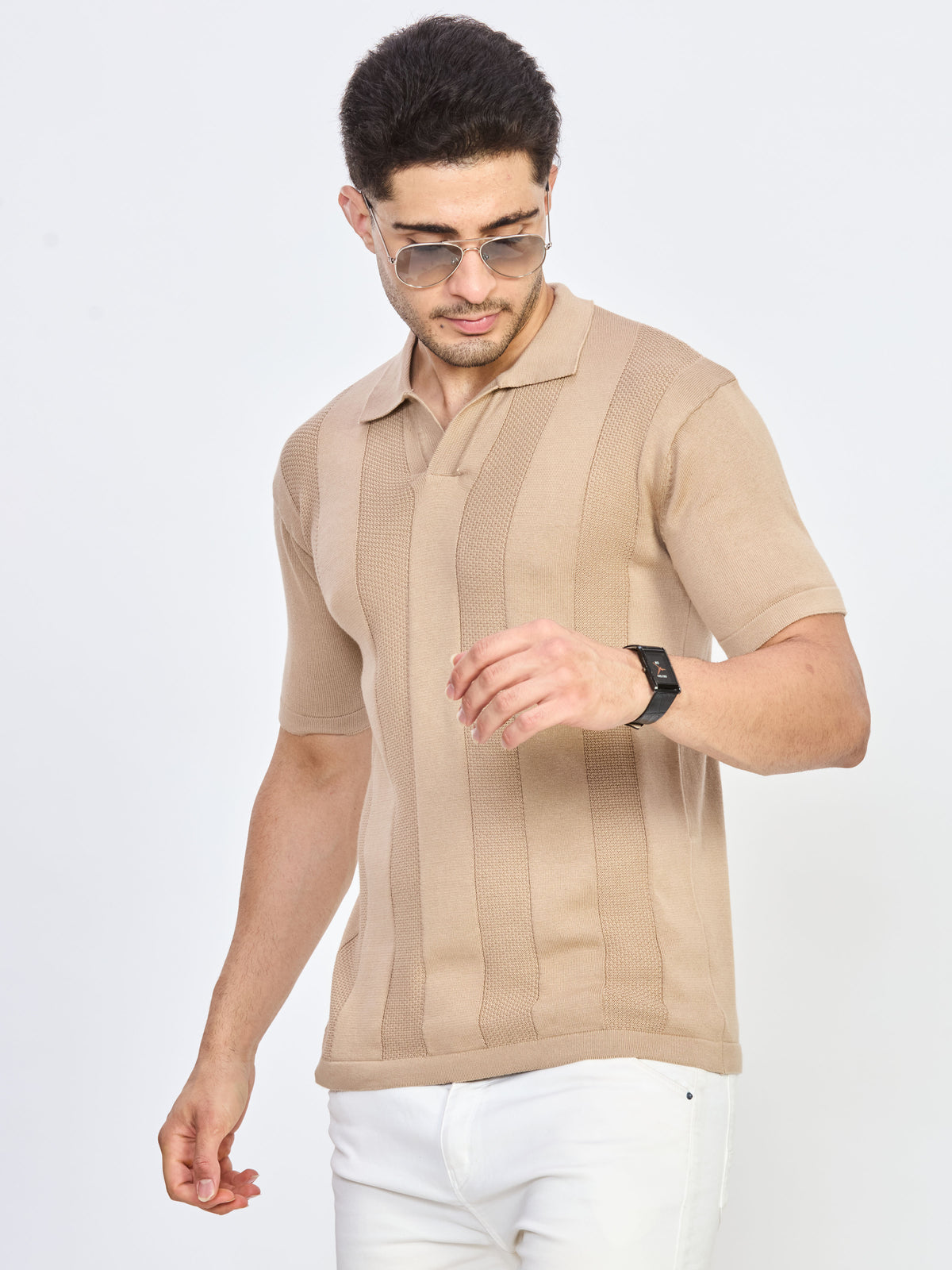 Beige Textured Stripe Knitted Polo T-Shirt