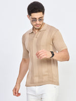 Beige Textured Stripe Knitted Polo T-Shirt