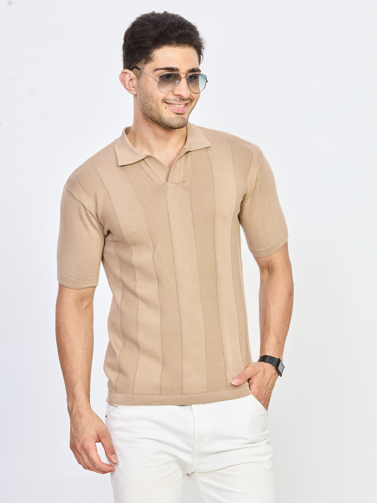 Beige Textured Stripe Knitted Polo T-Shirt