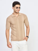 Beige Textured Stripe Knitted Polo T-Shirt