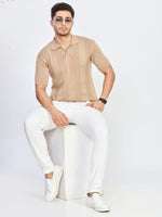 Beige Textured Stripe Knitted Polo T-Shirt