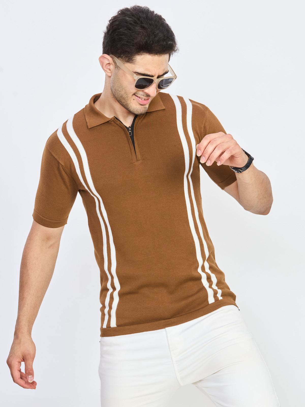 Camel Brown Half Zip Polo T-Shirt