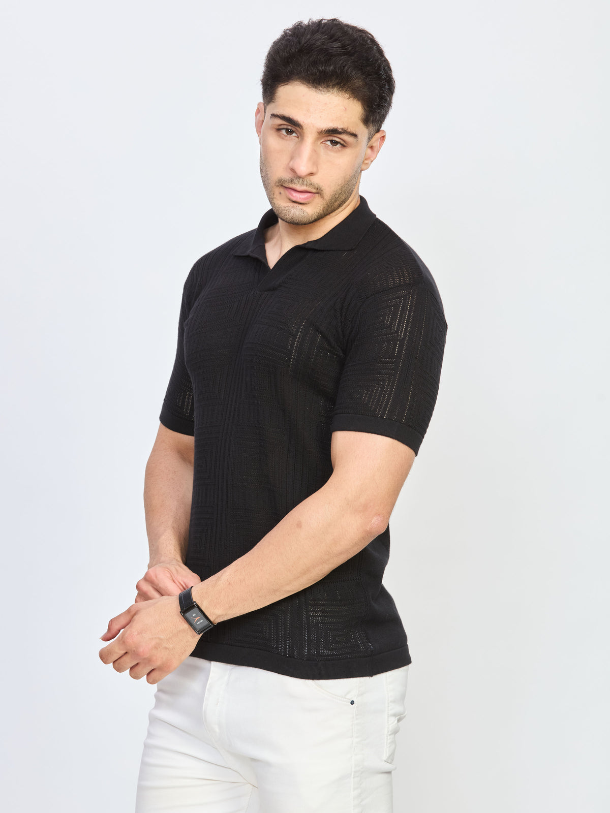 Black Textured Knit Polo Neck Half Sleeve T-Shirt
