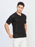 Black Textured Knit Polo Neck Half Sleeve T-Shirt