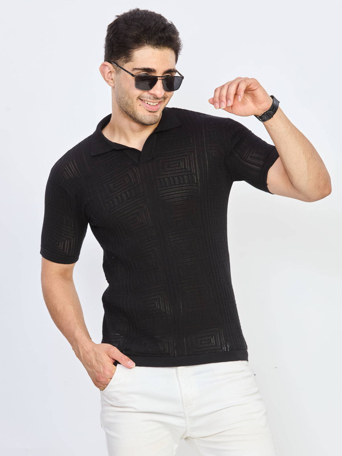 Black Textured Knit Polo Neck Half Sleeve T-Shirt