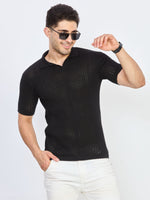 Black Textured Knit Polo Neck Half Sleeve T-Shirt