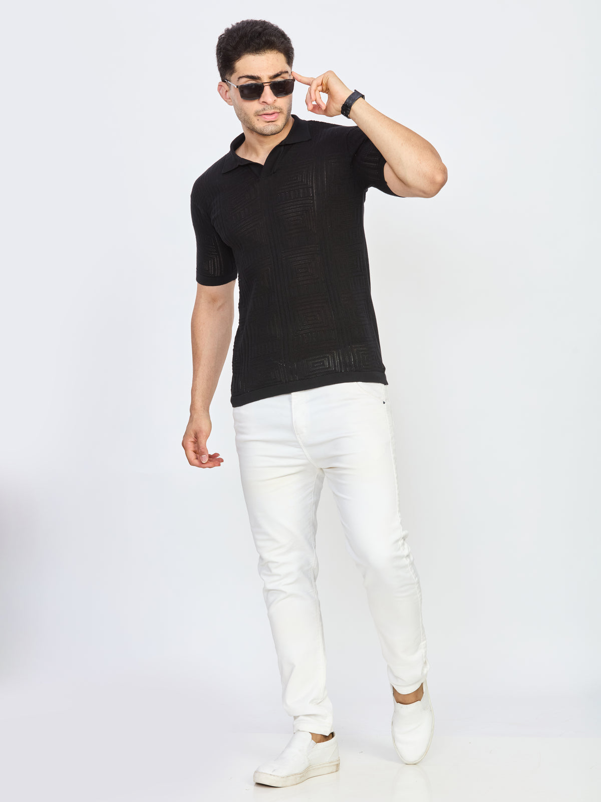 Black Textured Knit Polo Neck Half Sleeve T-Shirt