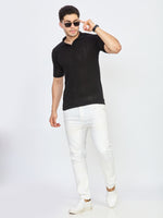 Black Textured Knit Polo Neck Half Sleeve T-Shirt
