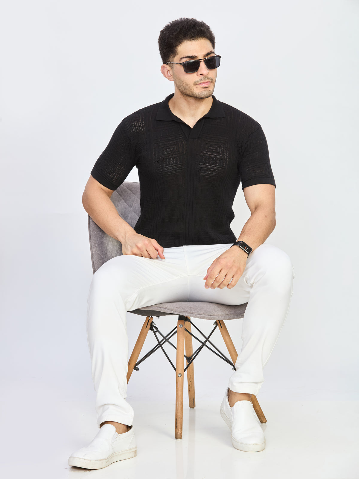 Black Textured Knit Polo Neck Half Sleeve T-Shirt