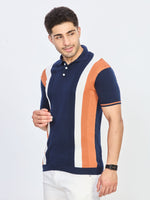 Navy Blue Striped Panel Knit Polo T-Shirt