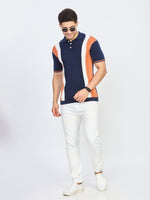 Navy Blue Striped Panel Knit Polo T-Shirt