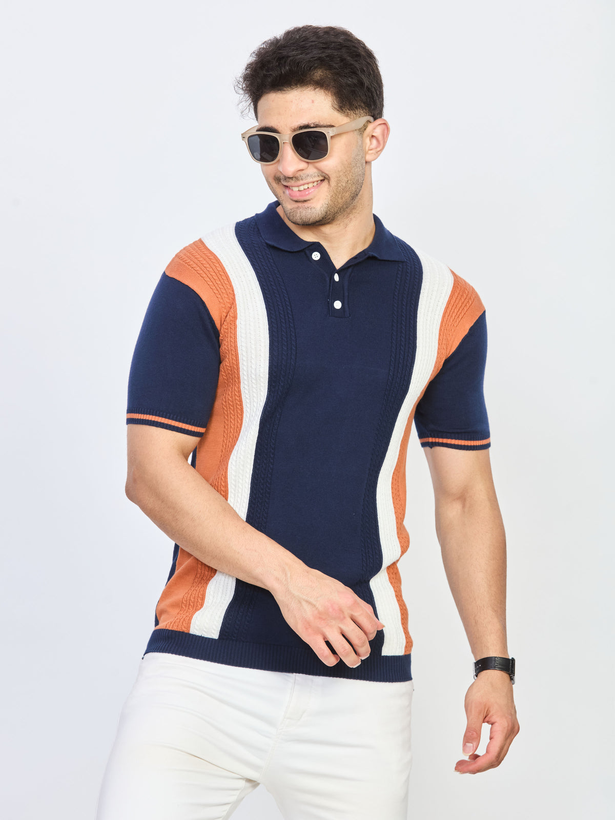 Navy Blue Striped Panel Knit Polo T-Shirt
