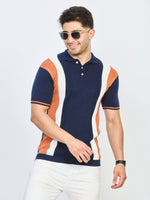 Navy Blue Striped Panel Knit Polo T-Shirt
