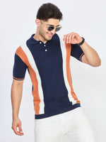 Navy Blue Striped Panel Knit Polo T-Shirt