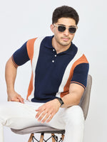 Navy Blue Striped Panel Knit Polo T-Shirt