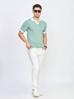 Mint Green Ribbed Knit Polo T-Shirt