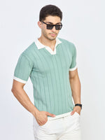 Mint Green Ribbed Knit Polo T-Shirt