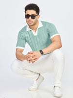 Mint Green Ribbed Knit Polo T-Shirt