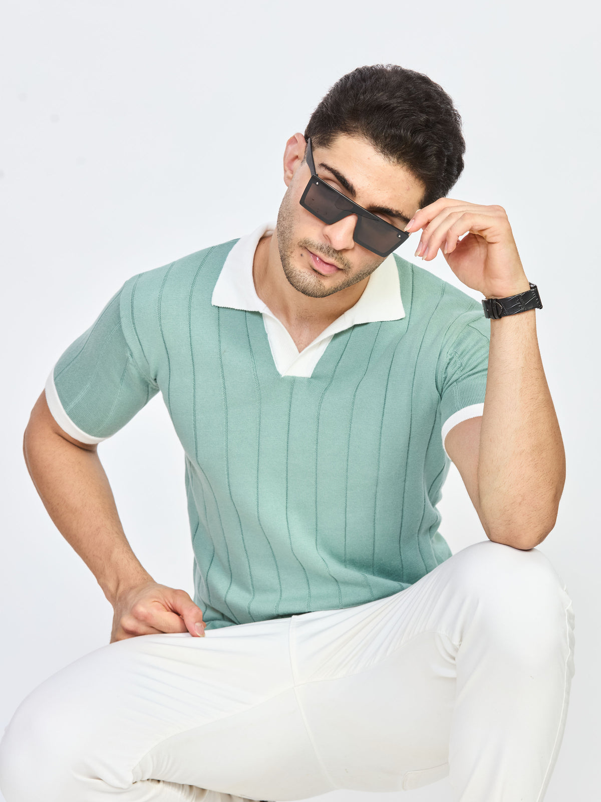 Mint Green Ribbed Knit Polo T-Shirt