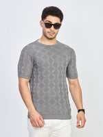 Grey Textured Knit Round Neck Half Sleeve T-Shirt