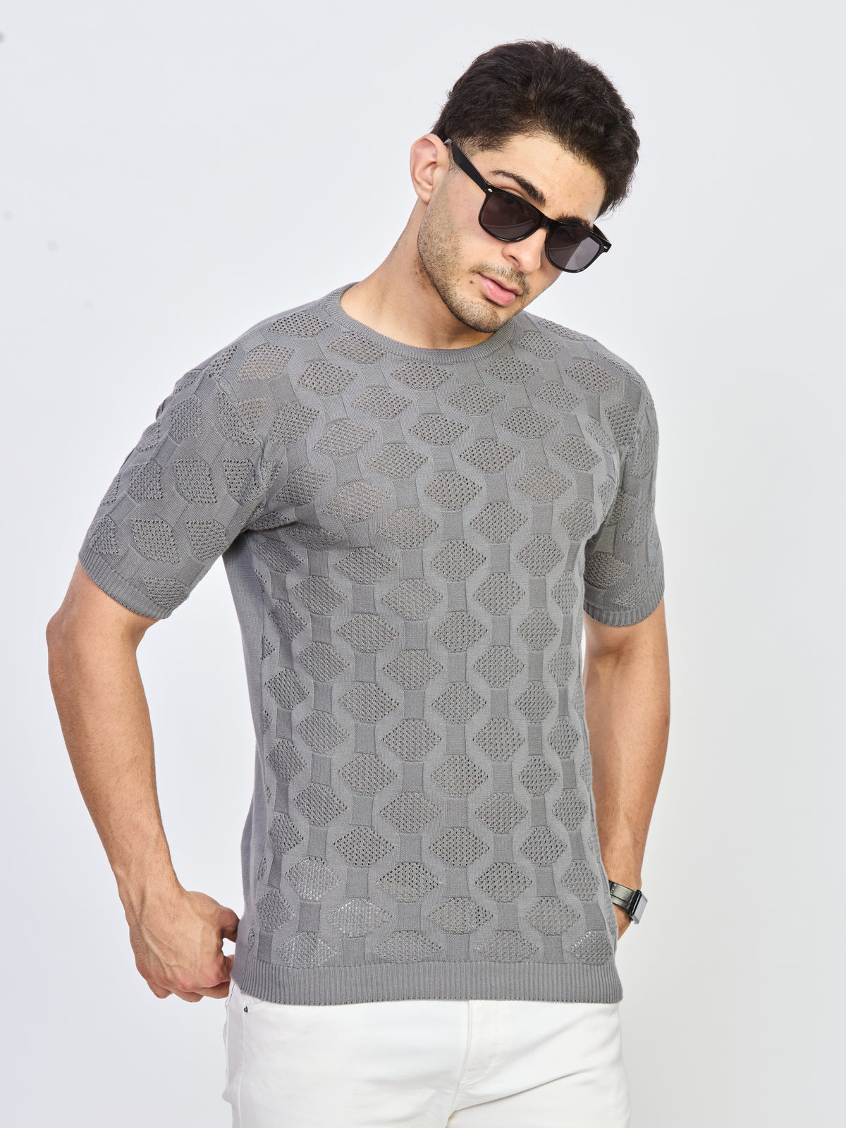 Grey Textured Knit Round Neck Half Sleeve T-Shirt