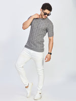 Grey Textured Knit Round Neck Half Sleeve T-Shirt