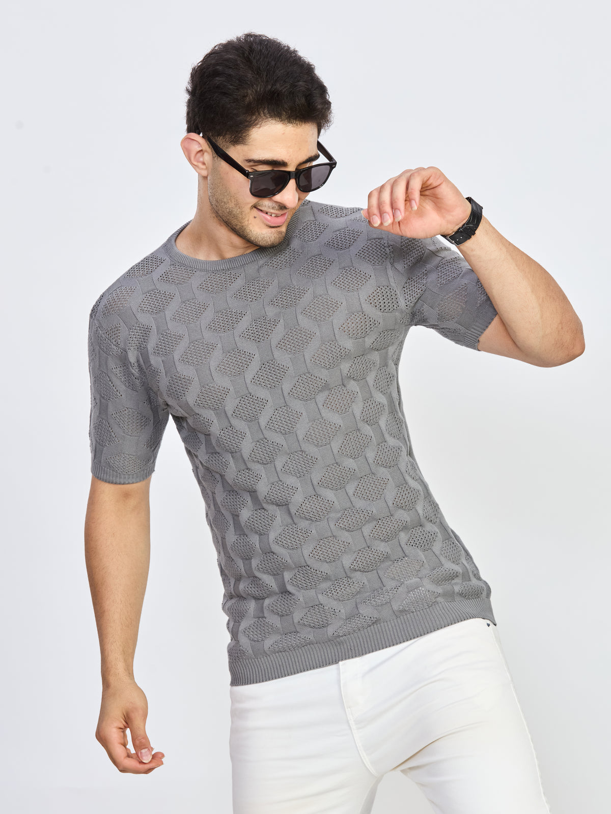 Grey Textured Knit Round Neck Half Sleeve T-Shirt