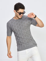 Grey Textured Knit Round Neck Half Sleeve T-Shirt