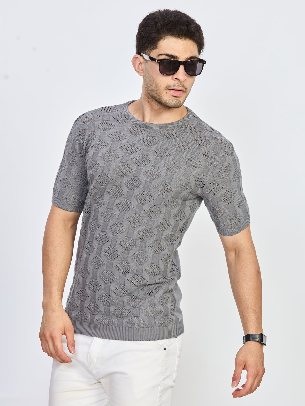 Grey Textured Knit Round Neck Half Sleeve T-Shirt