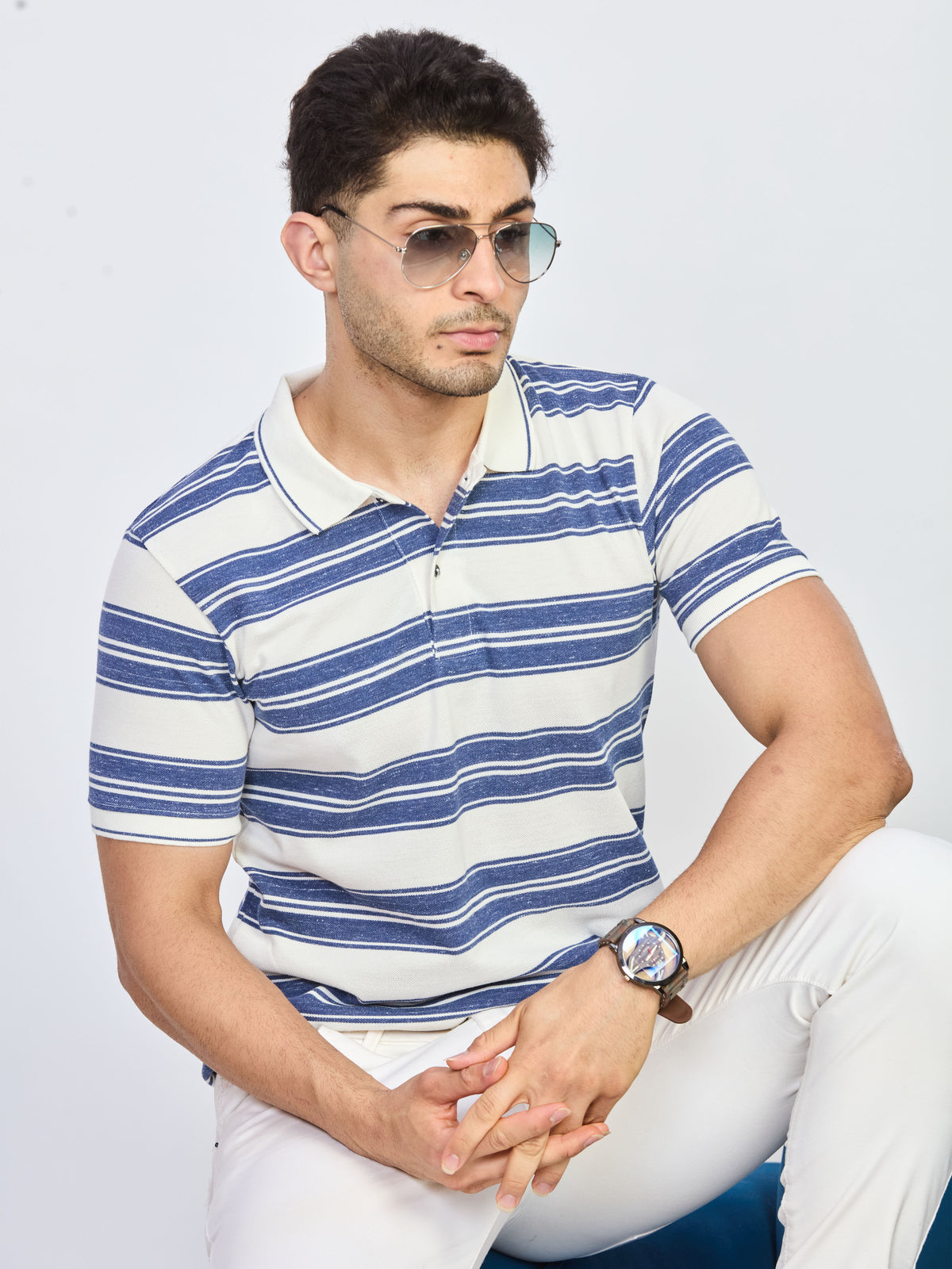 White & Blue Stripe Polo T-Shirt
