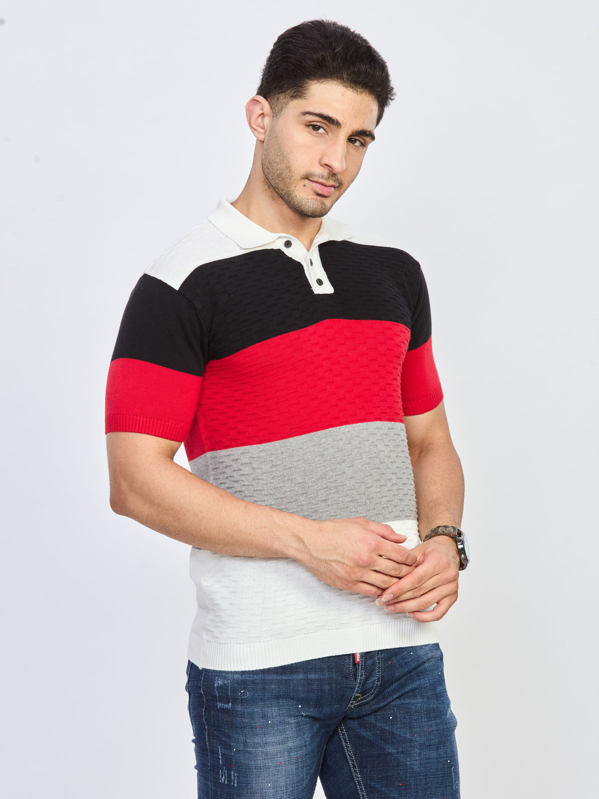 Multicolor Color Block Textured Knit Polo T-Shirt