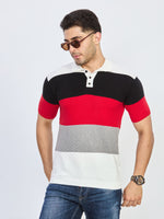 Multicolor Color Block Textured Knit Polo T-Shirt