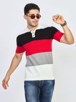 Multicolor Color Block Textured Knit Polo T-Shirt