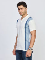 Ivory White & Sky Blue Striped Knit Zip Polo T-Shirt
