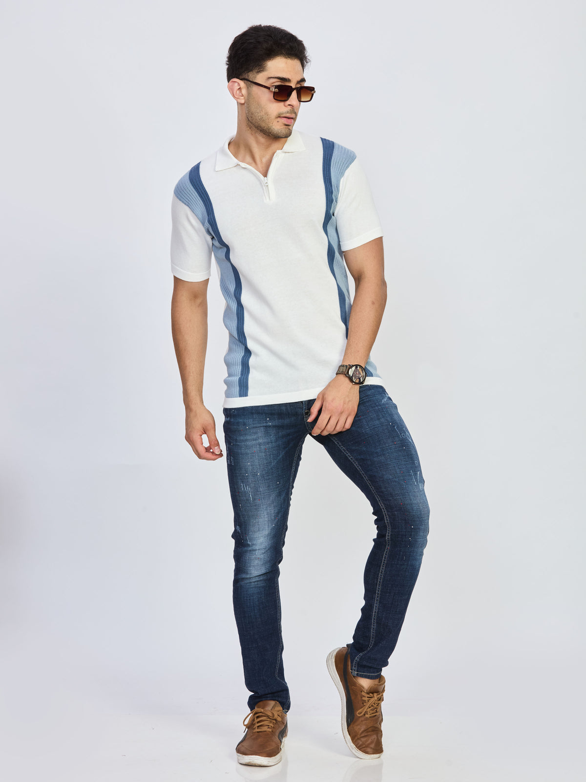 Ivory White & Sky Blue Striped Knit Zip Polo T-Shirt