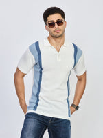 Ivory White & Sky Blue Striped Knit Zip Polo T-Shirt