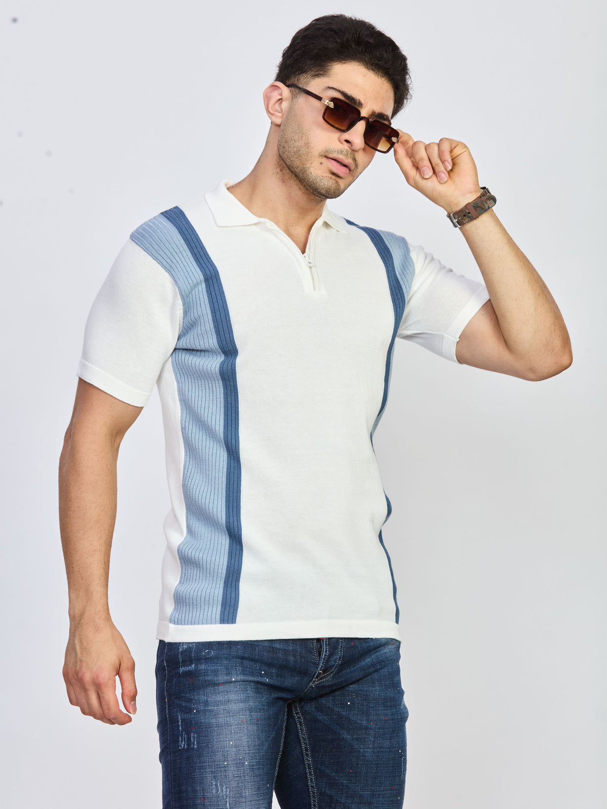 Ivory White & Sky Blue Striped Knit Zip Polo T-Shirt