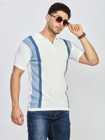 Ivory White & Sky Blue Striped Knit Zip Polo T-Shirt