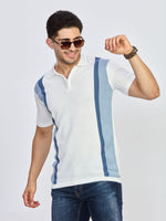 Ivory White & Sky Blue Striped Knit Zip Polo T-Shirt