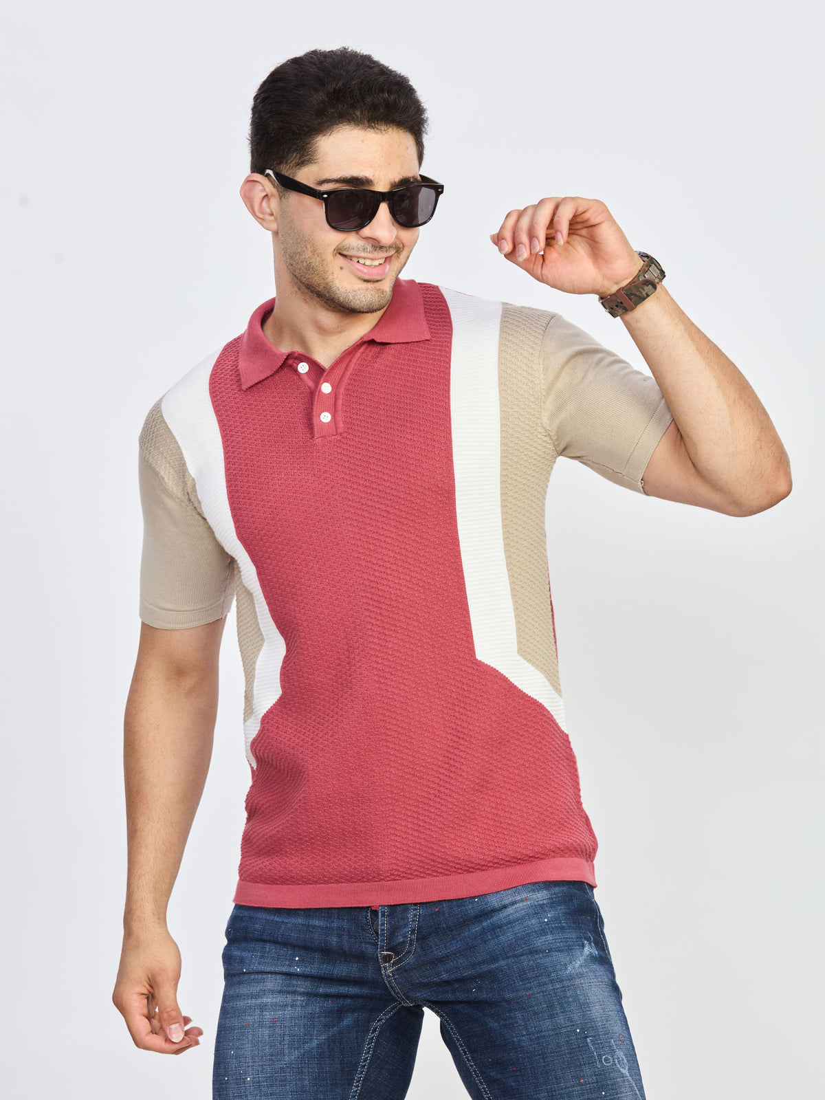 Textured Color Block Polo T-Shirt