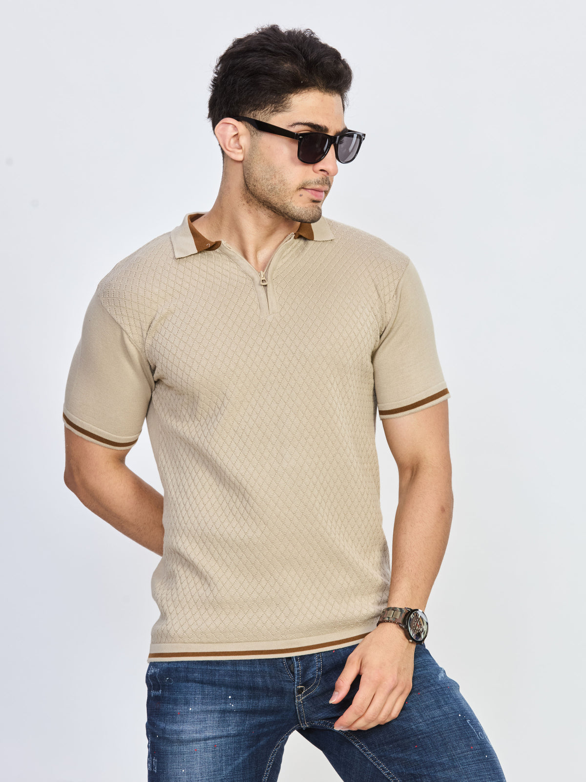 Sand Beige Textured Zip Polo