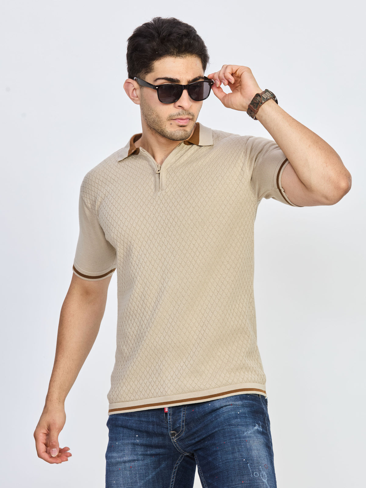 Sand Beige Textured Zip Polo