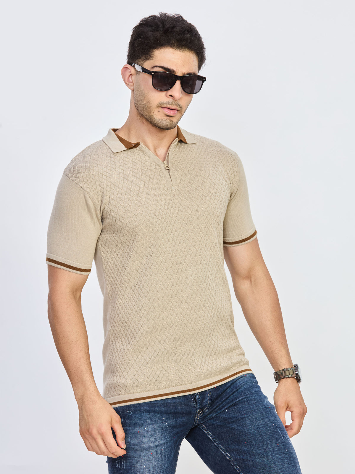 Sand Beige Textured Zip Polo