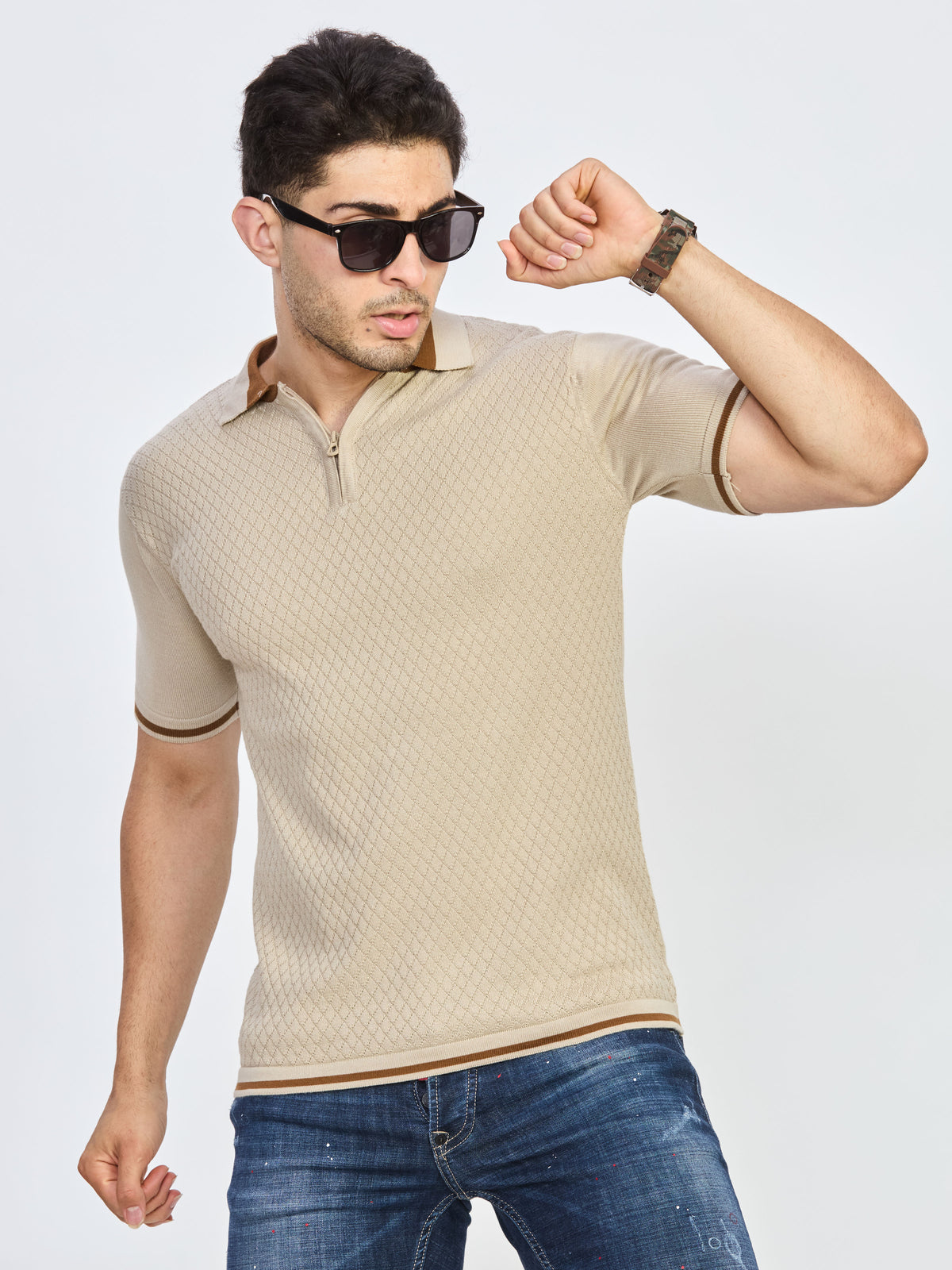 Sand Beige Textured Zip Polo